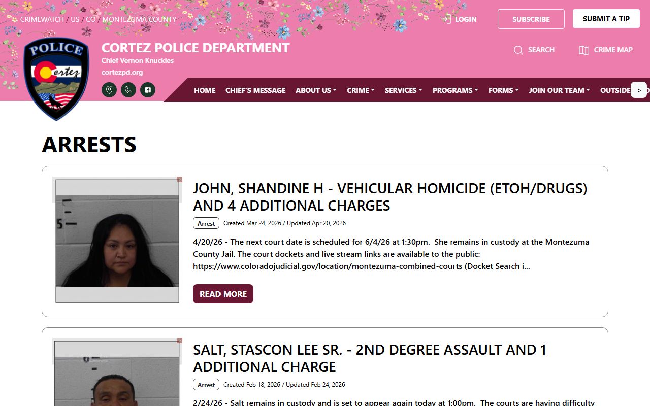 Montezuma County booking photo context from Cortez Police arrest posts